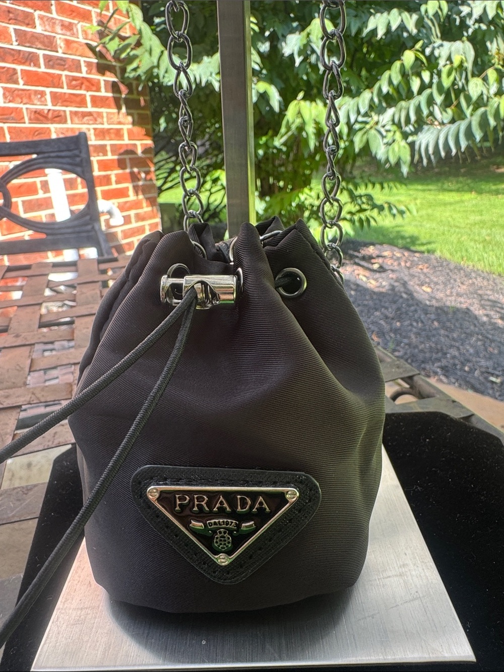 Bag Black Nylon Mini Drawstring Bucket Bag with Chain Strap